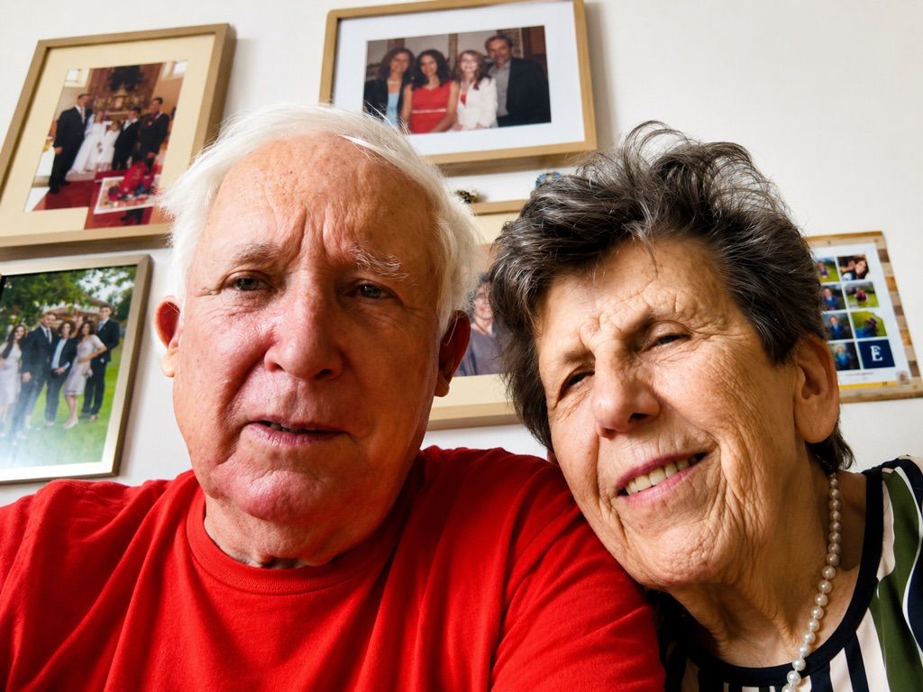 Claudia’s parents in a selfie at home, in front of framed family photos